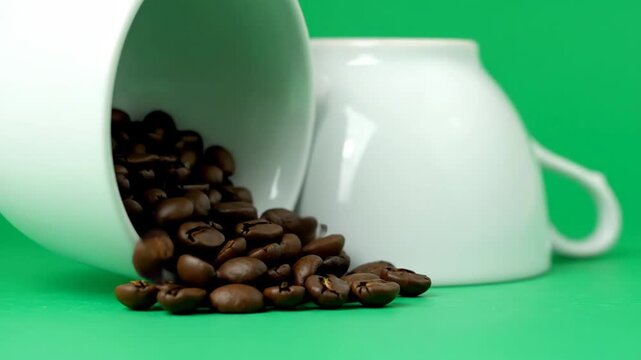 Spilled coffee beans from an overturned white mug on a green background with a second mug, showcasing a mockup for business advertising with warm tones.