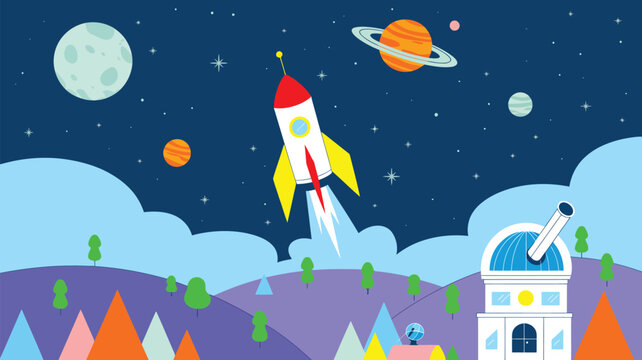 Flat vector rocket launch in colorful space landscape with planets moon stars and observatory cartoon night sky illustration