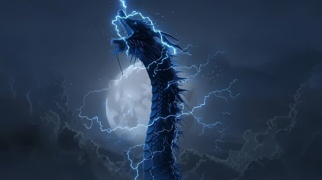 Electric Blue Dragon Rises Under Moonlight with Lightning