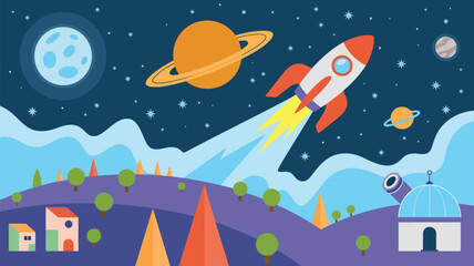Colorful cartoon space landscape with rocket launch planets moon stars and observatory futuristic night sky flat vector illustration © muhammad