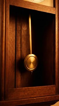 Pendulum in an old wooden clock cabinet swinging from side to side in a dynamic time lapse sequence. Looped video.