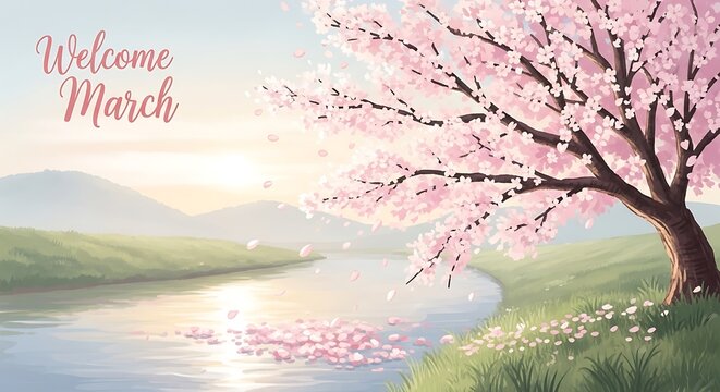Pink cherry blossom tree by serene lake welcome March spring landscape watercolor illustration