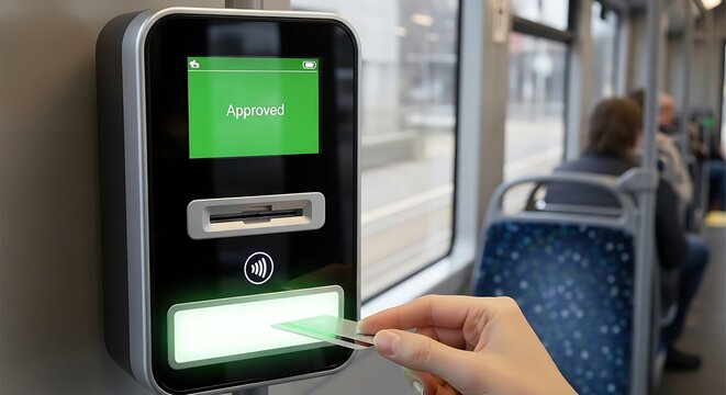 Hand uses card reader in transport with approved status displayed.