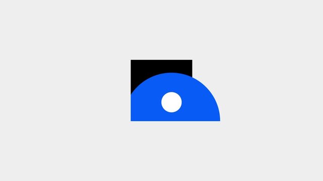 A geometric design shows a blue semi circle resting against a black rectangle on a light gray background to represent a modern architectural logo