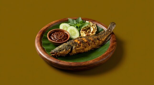 Indonesian Pecel Lele Fried Catfish Isolated on Flat Color Background