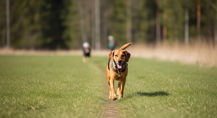 A happy brown dog trots down a grassy path in daylight.