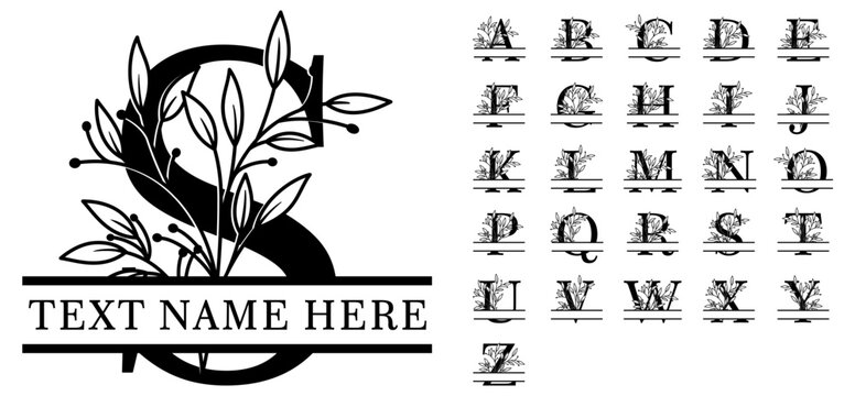 Floral leaves  monogram split font alphabet letter initial family name sign vector design