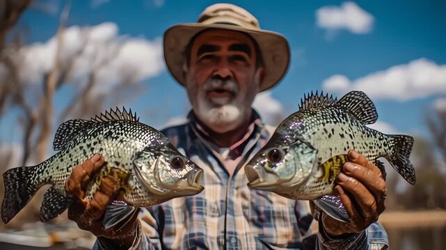 Happy Fisherman Holding Two Freshly Caught Crappie Fish