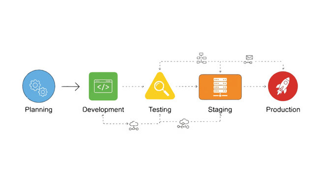 Software Development Lifecycle Stages Diagram: Planning, Development, Testing, Staging, Production. Illustrating the CI/CD pipeline, Agile DevOps, and project management.