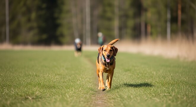 A happy brown dog trots down a grassy path in daylight.