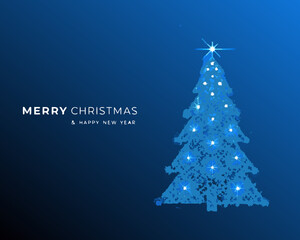 Festive blue christmas tree with sparkling lights and holiday greetings © Bablu