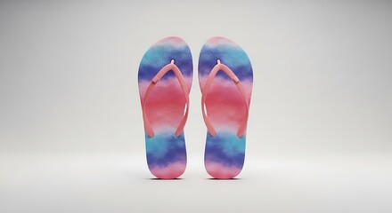 Colorful gradient flip flops with pink blue and white ombre design standing on light surface