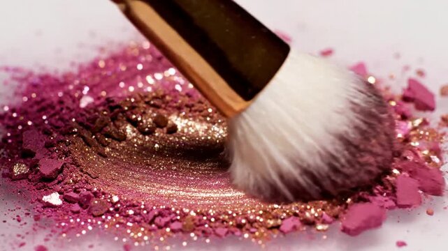 Crushed pink and gold glitter makeup powder with brush