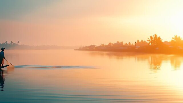 Fisherman Casting Net at Sunrise on Calm River