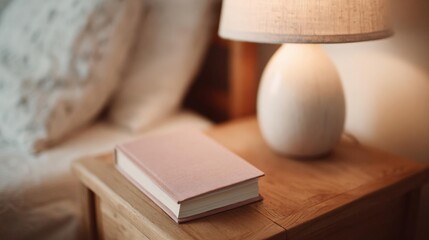Wooden nightstand with a lamp on it. the lamp has a white base and a beige lampshade. on the nightstand, there is a pink book with a blank cover.