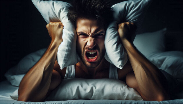Furious young man covering ears with pillow due to loud noise while trying to sleep in bedroom