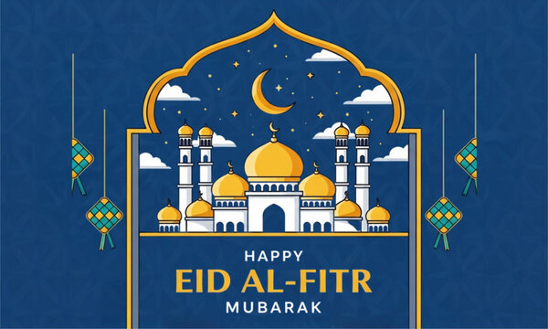Happy Eid Al-Fitr Mubarak Mosque Islamic Vector Illustration