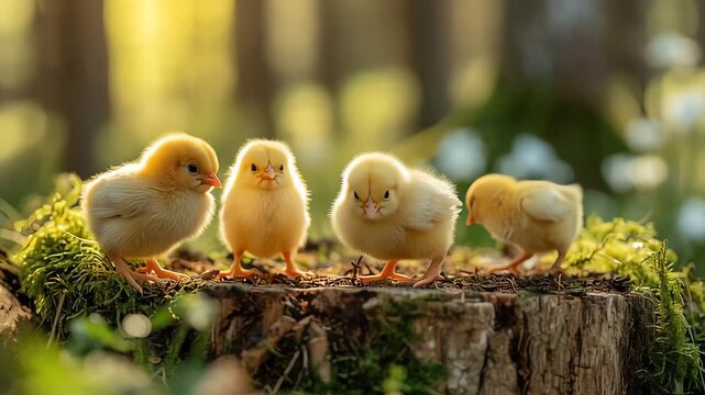 Adorable fluffy yellow chicks on mossy tree stump in golden light