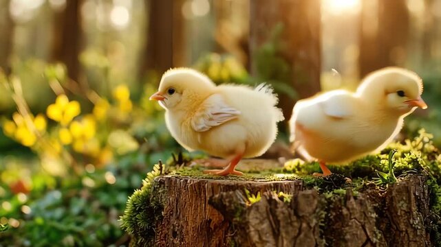 Two cute yellow chicks in a sunny forest on a mossy log