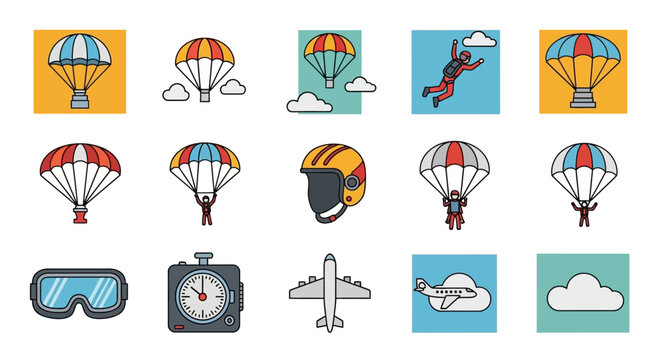 Skydiving Icons: Parachute, Helmet, Plane, and Goggles Set