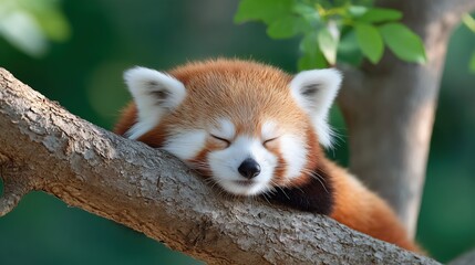 Adorable red panda sleeping peacefully on a tree branch in soft natural light.