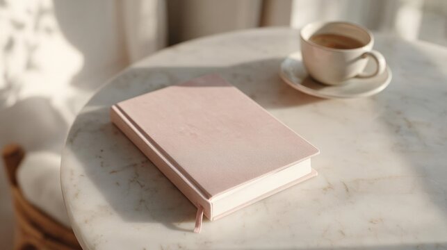Small round marble table with a pink notebook and a cup of coffee on it. the notebook is open and has a pink cover with a white ribbon tied around the edges.