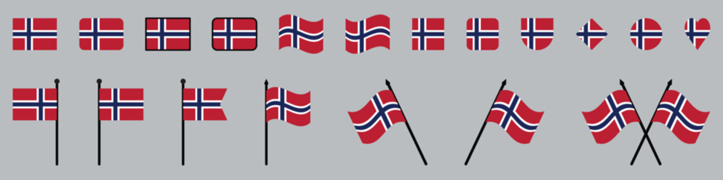 Norway Flag Mega Set Norwegian National Flags in Various Shapes and Styles Flat, Waving, Heart, Round, and Pole Icons.