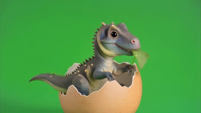 Cute Baby Dinosaur Holding Broken Egg Shell on Green Screen