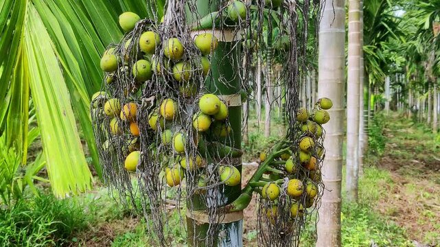 closeup of a bunch of Areca catechu commonly known as areca nut growing on a palm tree