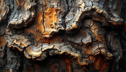 Close-up view reveals intricate details of rugged tree bark, showcasing textures, colors, and the effects of weathering