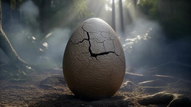 Cracked Dinosaur Egg in Misty Forest with Dramatic Sunlight