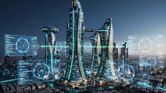 Futuristic city energy optimization shown through dynamic data-driven light patterns