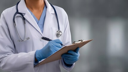 A medical professional in a white coat and blue gloves wearing a stethoscope writes on a clipboard