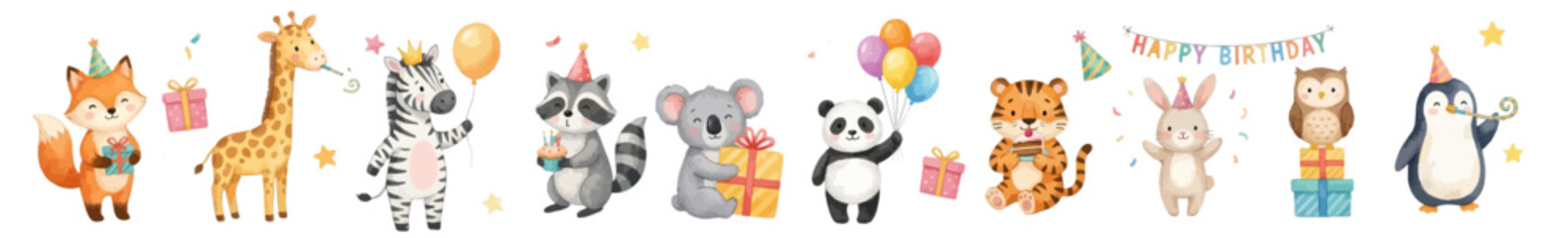 Birthday fun watercolor clipart. Party festive vector clipart set, cute party, safari, zoo, kids. Collection of Vector illustrations. Perfect for invitation, card, poster, banner, decoration © maria