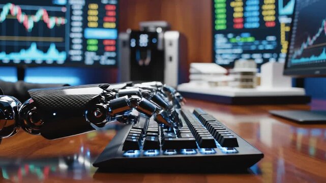 Robotic arms typing confidently in executive fintech workspace