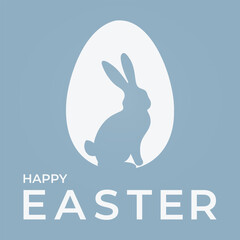 Fototapeta premium Minimal blue Easter greeting card with bunny silhouette inside egg shape. Soft pastel design with modern typography, perfect for seasonal promotions, spring branding and holiday marketing.