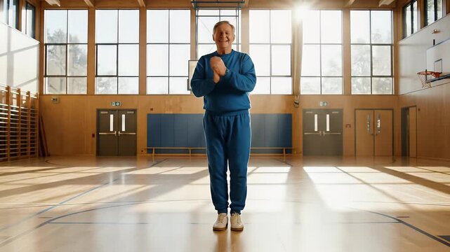 Senior man in blue sweatsuit performs tai chi or qigong in a bright modern gymnasium with sunlight streaming through large windows promoting wellness and active aging
