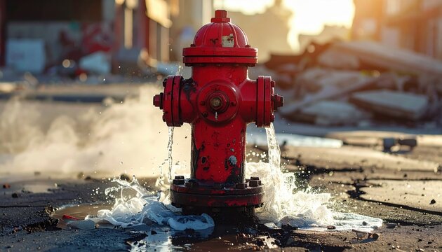 FlyPro_Firefly's photorealistic DSLR style image of a damaged red fire hydrant with water gushing forcefully onto cracked asphalt under harsh midday sun.