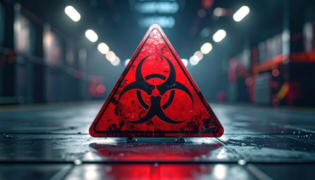 A powerfully lit single red biohazard warning sign, realistically photographed and dramatically spotlighted on a clean metallic surface, captures urgent attention.