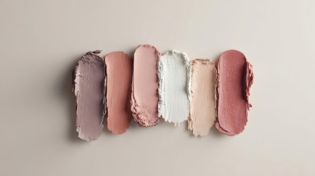 Collection of nine swatches of eyeshadow palettes arranged in a row on a plain beige background. the palettes are of different shades of pink, ranging from light to dark.