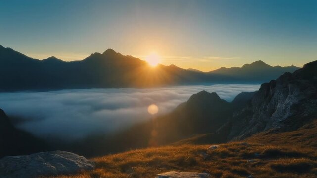 Serene mountain landscape at sunrise with sun rays breaking through clouds over a misty valley