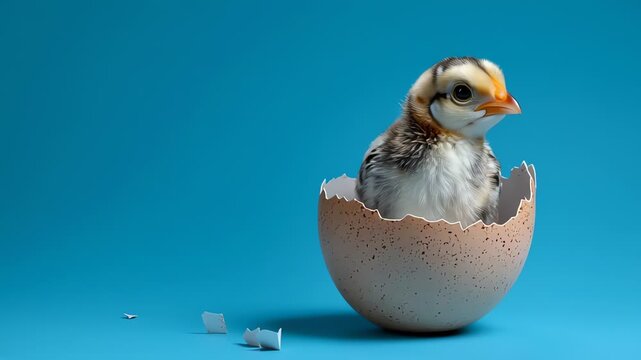 Newly Hatched Chick in Eggshell on Blue Background