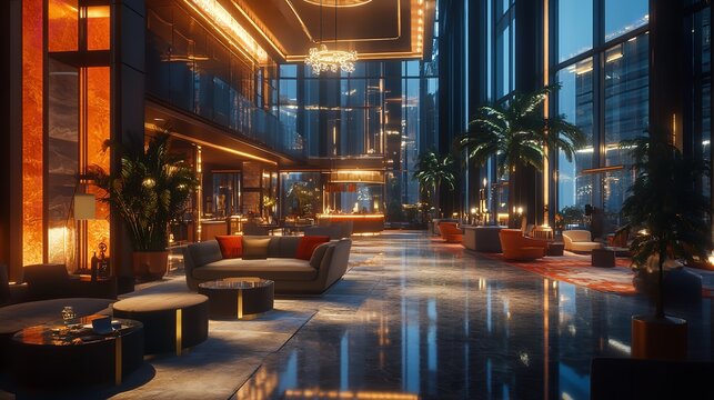 Luxurious modern hotel lobby with warm ambient lighting high ceilings glass windows contemporary furniture and elegant design showcasing hospitality sophistication