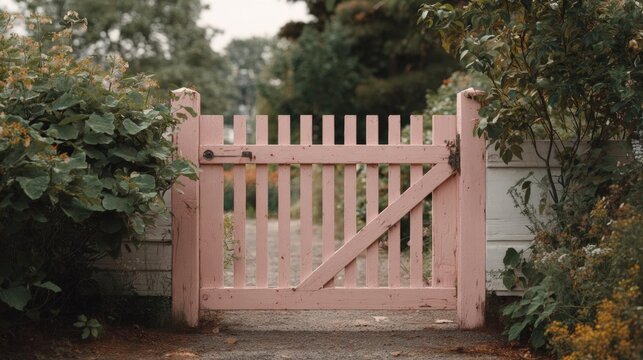 Pink wooden gate in the middle of a garden. the gate is made of horizontal slats and has a slatted top with a small latch on the right side. it is flanked by two wooden posts on either side.