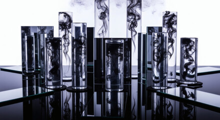Obraz premium An abstract display reminiscent of the illusions celebrated on National Smoke and Mirrors Day, featuring dark liquid swirling within clear glass cylinders on a reflective surface