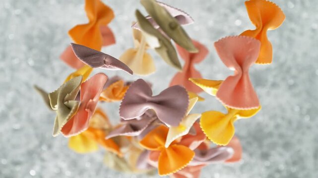 Colorful Farfalle Pasta Falling Into Pot Of Boiling Water Making A Splash in Slow Motion, Table Top View
