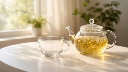 Fototapeta premium Glass teapot with chamomile flowers and empty cup on table in warm sunlight near window in cozy home interior