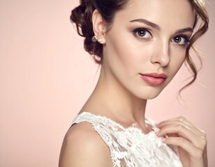 Fototapeta premium Young woman in lace dress poses with an elegant updo and soft makeup on a light pink background