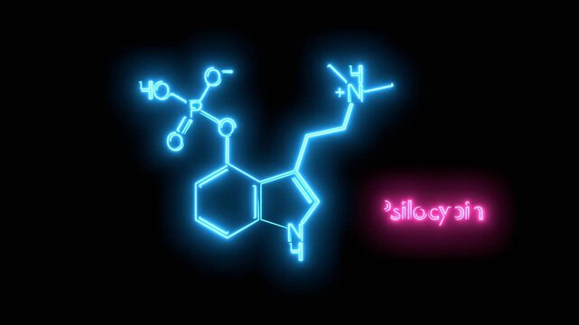 Psilocybin alkaloid molecule. It is naturally psychedelic prodrug. Structural chemical formula. Neon glowing.