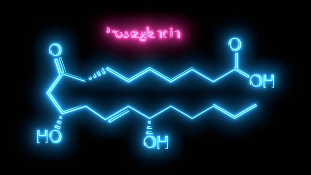 Chemical structure of Prostaglandin or Alprostadil. Neon glowing.